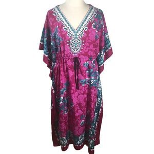 Hot Pink Boho Kimono Kaftan Dress Swim Cover OS Loungewear Beach Vacation Patio